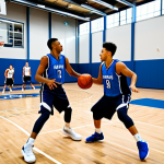 Pick-and-Roll Action**

"A dynamic basketball scene depicting a pick-and-roll play in action, fully clothed athletes in a professional basketball game, the ball-handler driving to the basket after receiving a screen, the screener rolling towards the hoop, appropriate attire, basketball court setting, action shot, perfect anatomy, correct proportions, safe for work, family-friendly, professional sports photography, high quality, dramatic lighting, fully clothed."

**