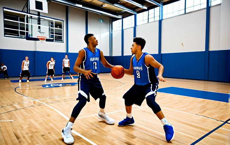 Pick-and-Roll Action**
"A dynamic basketball scene depicting a pick-and-roll play in action, fully clothed athletes in a professional basketball game, the ball-handler driving to the basket after receiving a screen, the screener rolling towards the hoop, appropriate attire, basketball court setting, action shot, perfect anatomy, correct proportions, safe for work, family-friendly, professional sports photography, high quality, dramatic lighting, fully clothed."
**