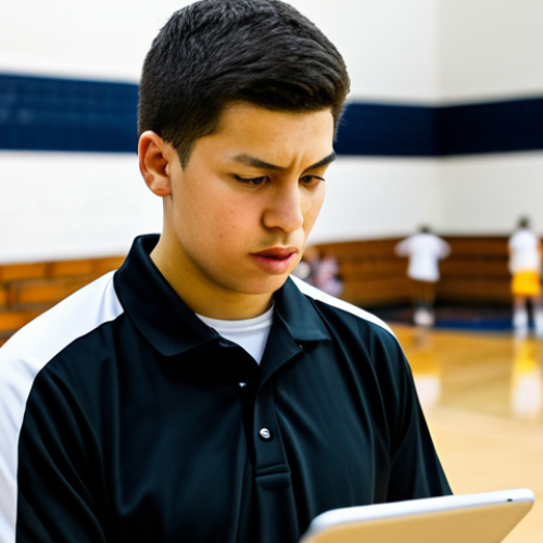 Home 23 The Scorekeeper's Focus**
"A close-up shot of a focused scorekeeper, fully clothed in a referee-style polo shirt, meticulously recording points and fouls on a digital tablet during a high school basketball game, appropriate attire, safe for work, well-lit gymnasium background with blurred players in action, perfect anatomy, correct proportions, professional, modest, family-friendly, high resolution, sharp focus."
**