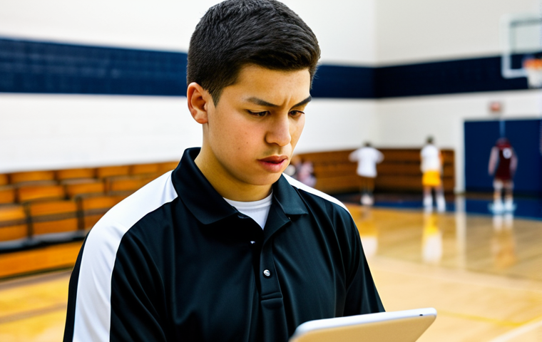 The Scorekeeper's Focus**
"A close-up shot of a focused scorekeeper, fully clothed in a referee-style polo shirt, meticulously recording points and fouls on a digital tablet during a high school basketball game, appropriate attire, safe for work, well-lit gymnasium background with blurred players in action, perfect anatomy, correct proportions, professional, modest, family-friendly, high resolution, sharp focus."
**