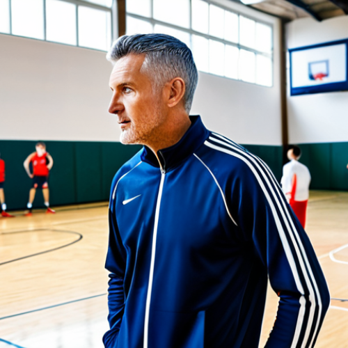 Home 12 Coaching Session**
"A basketball coach in a fully clothed, professional athletic tracksuit, reviewing game footage on a large screen with his team in a brightly lit gymnasium, appropriate attire, safe for work, perfect anatomy, correct proportions, natural pose, team members are attentive, family-friendly, high quality."
**