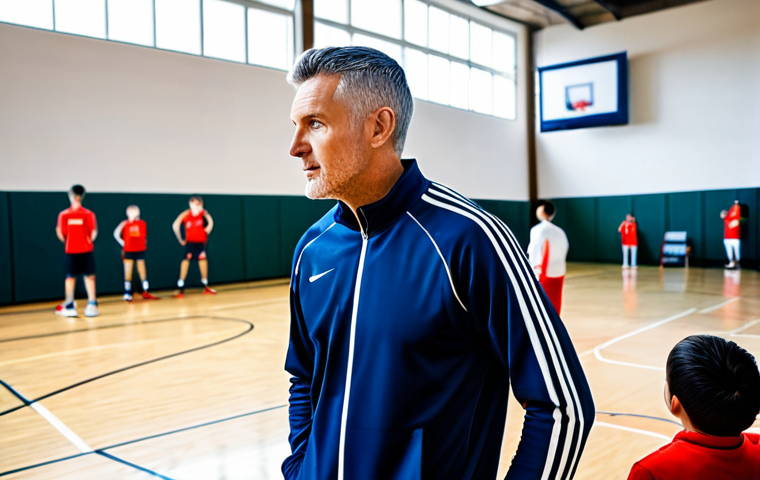 Coaching Session**
"A basketball coach in a fully clothed, professional athletic tracksuit, reviewing game footage on a large screen with his team in a brightly lit gymnasium, appropriate attire, safe for work, perfect anatomy, correct proportions, natural pose, team members are attentive, family-friendly, high quality."
**