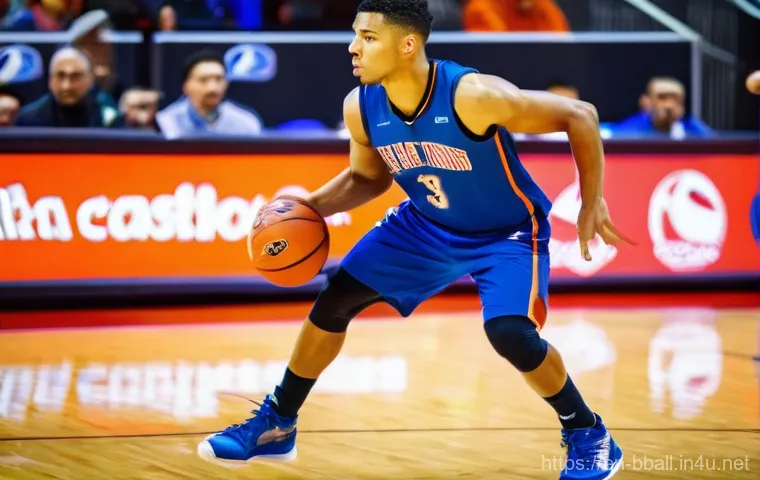 농구의 역사와 발전 과정 - **Prompt:** A highly athletic male basketball player, in his mid-20s, showcasing extreme versatility...