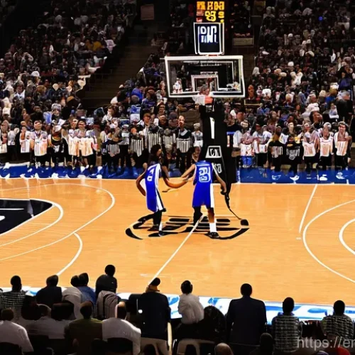 Home 27 농구 경기 중 심판과의 소통법 - **"The Referee's Multitasking Challenge"**
A high-angle, dynamic shot from behind a focused male...