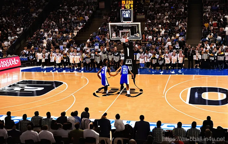 농구 경기 중 심판과의 소통법 - **"The Referee's Multitasking Challenge"**
    A high-angle, dynamic shot from behind a focused male...