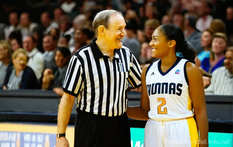 농구 경기 중 심판과의 소통법 - **"Constructive Court Dialogue"**
A medium close-up shot of a male basketball player and a femal... 농구 경기 중 심판과의 소통법 - **"Constructive Court Dialogue"**
A medium close-up shot of a male basketball player and a femal...