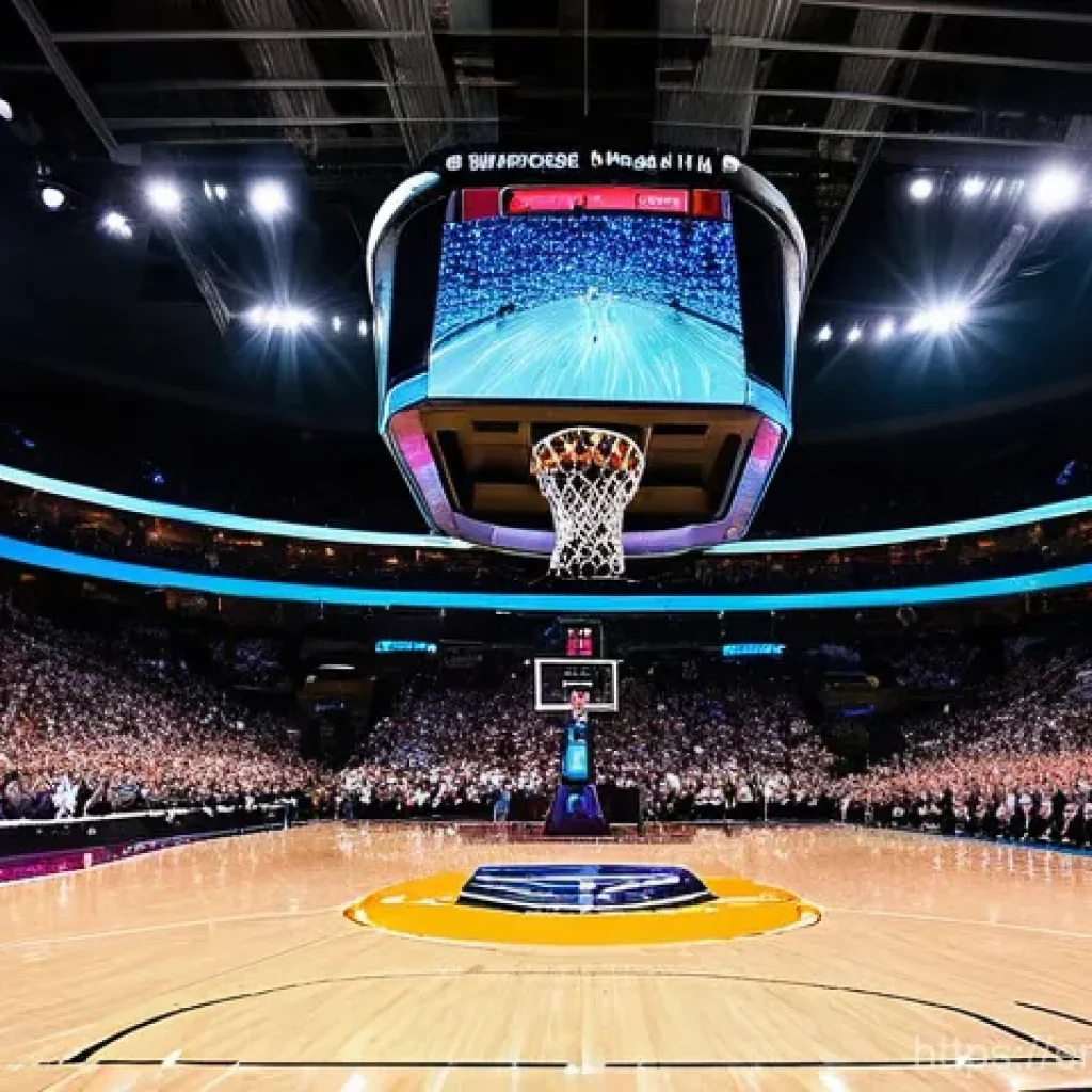 농구와 음악의 콜라보 사례 - **"The Arena's Heartbeat"**: A dynamic, electrifying image of a packed basketball arena during a piv...