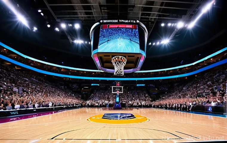 농구와 음악의 콜라보 사례 - **"The Arena's Heartbeat"**: A dynamic, electrifying image of a packed basketball arena during a piv...