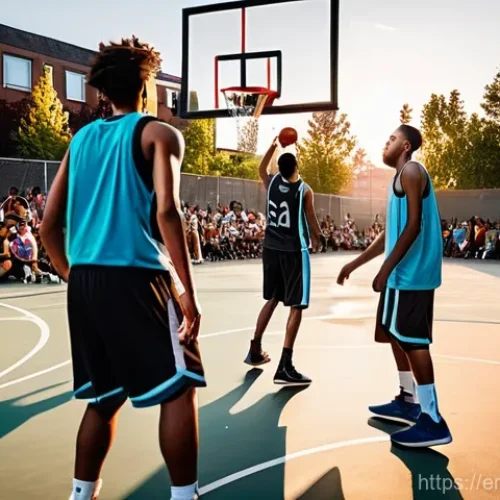 Home 25 농구 3X3 경기와 차이점 - **Urban 3x3 Showdown at Sunset**
A dynamic, wide-angle shot of a 3x3 basketball game taking plac...