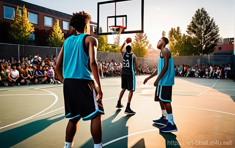 농구 3X3 경기와 차이점 - **Urban 3x3 Showdown at Sunset**
    A dynamic, wide-angle shot of a 3x3 basketball game taking plac...