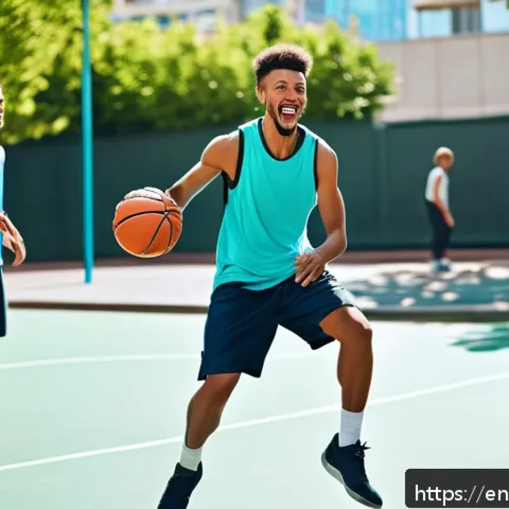 농구와 체중 감량 - A dynamic outdoor basketball scene showing a diverse group of adults playing a casual pickup game on...