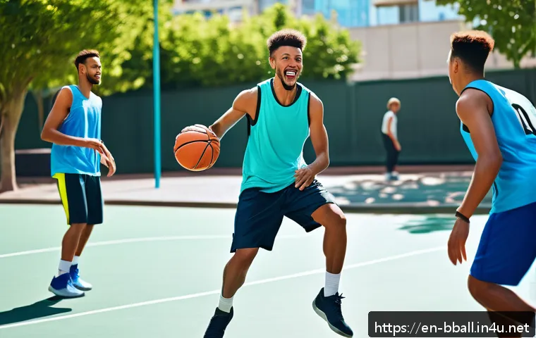농구와 체중 감량 - A dynamic outdoor basketball scene showing a diverse group of adults playing a casual pickup game on...