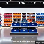 농구화 세일 정보 - A dynamic basketball retail store interior showcasing a wide selection of discounted basketball shoe...