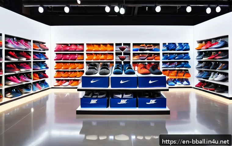 농구화 세일 정보 - A dynamic basketball retail store interior showcasing a wide selection of discounted basketball shoe...
