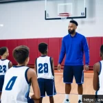 농구 코치 추천 사항 - A dynamic basketball coaching scene on an indoor court, featuring a focused coach explaining tactics...