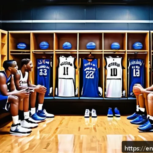 농구 관련 팟캐스트 추천 - A dynamic scene inside a modern NBA locker room showing diverse basketball players in team-branded a...
