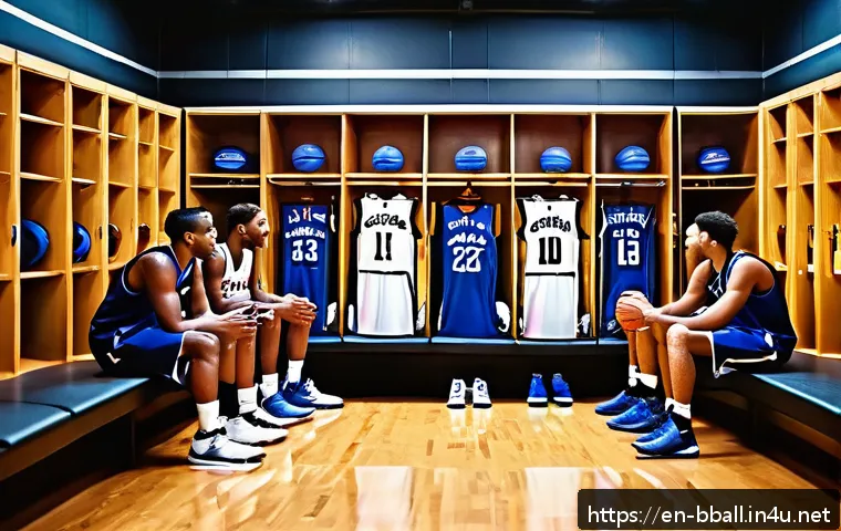 농구 관련 팟캐스트 추천 - A dynamic scene inside a modern NBA locker room showing diverse basketball players in team-branded a...