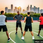 농구 스트레칭 루틴 - A diverse group of basketball players performing dynamic warm-up exercises on an outdoor court at su...