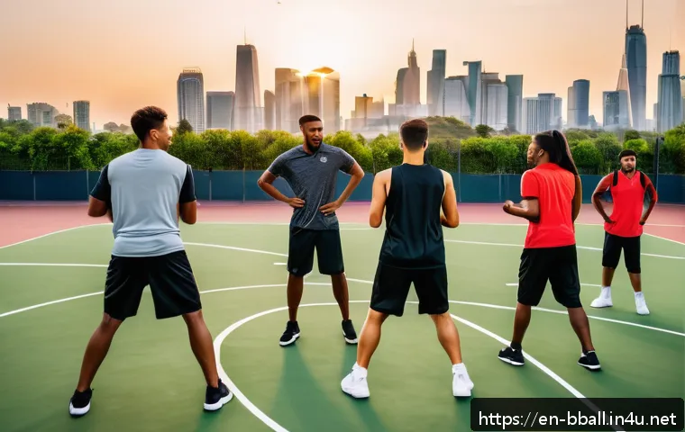 농구 스트레칭 루틴 - A diverse group of basketball players performing dynamic warm-up exercises on an outdoor court at su...
